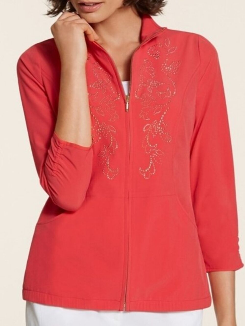 Zenergy Neema Sz 2 L Red Coral Jacket Embellished Nailheads Wind Rain Excellent